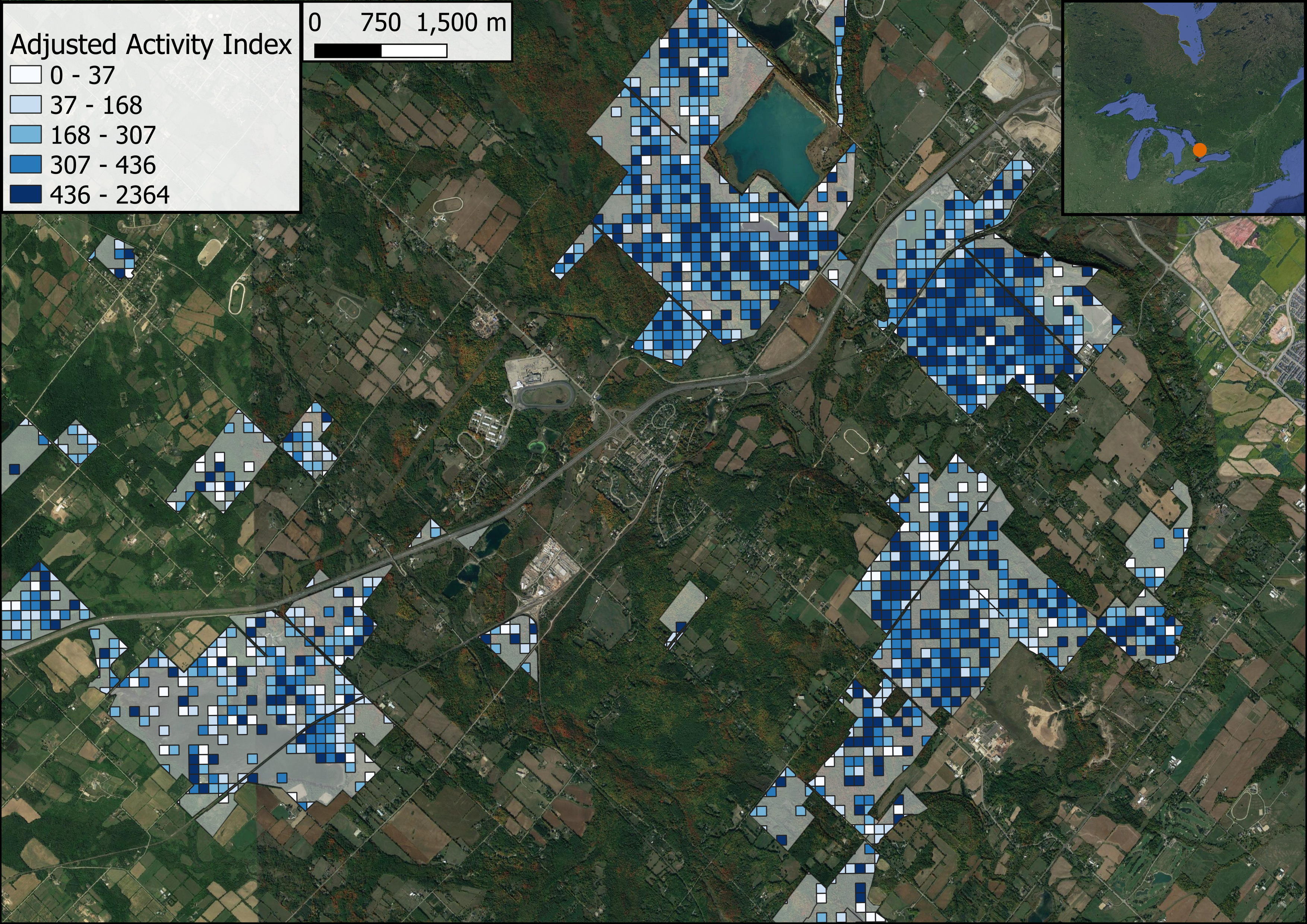 An image of human activity represented by 100 x 100 m grid cells in Halton Region, Canada. The figure demonstrates areas of high and low activity patterns in properties owned and managed by Conservation Halton.